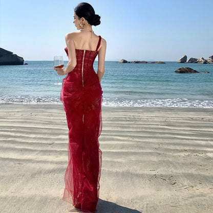 Sleeveless One Shoulder Sheer Ruffle Sequin Maxi Evening Gown