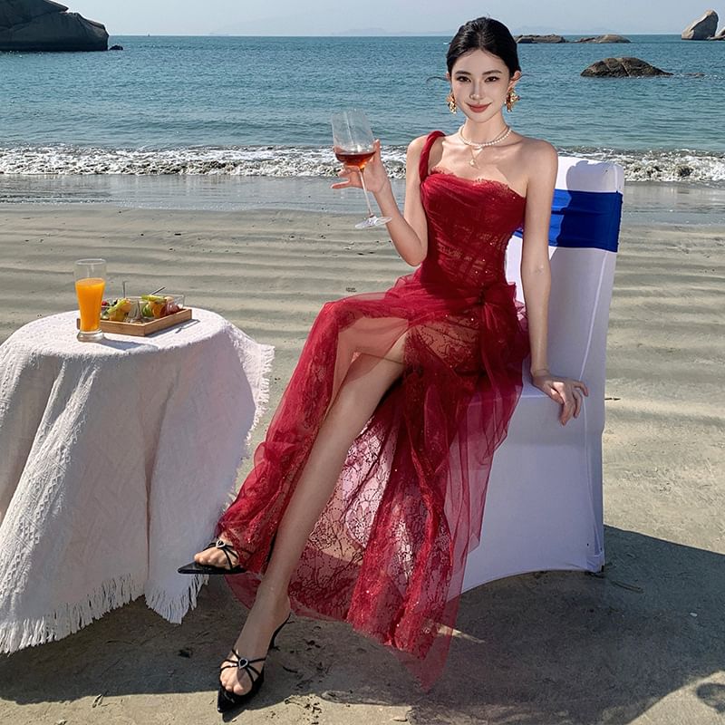 Sleeveless One Shoulder Sheer Ruffle Sequin Maxi Evening Gown