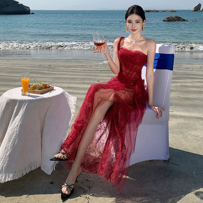 Sleeveless One Shoulder Sheer Ruffle Sequin Maxi Evening Gown