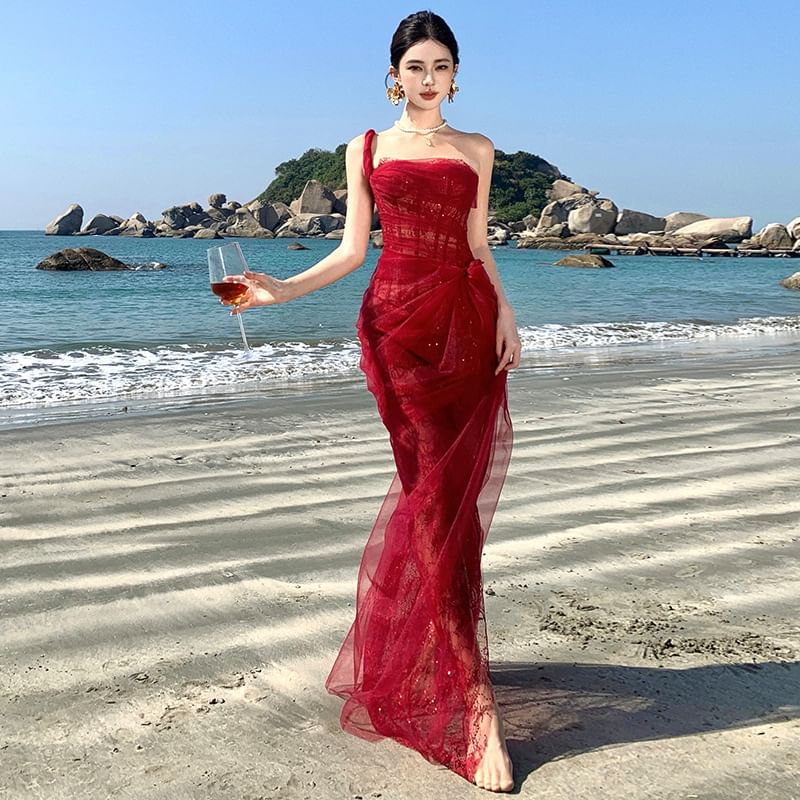 Sleeveless One Shoulder Sheer Ruffle Sequin Maxi Evening Gown