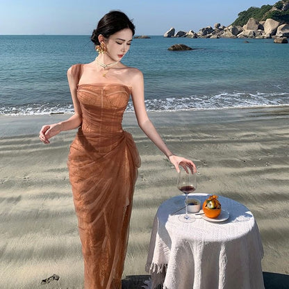 Sequin Maxi Sleeveless Gown Ruffle Shoulder One Sheer Evening