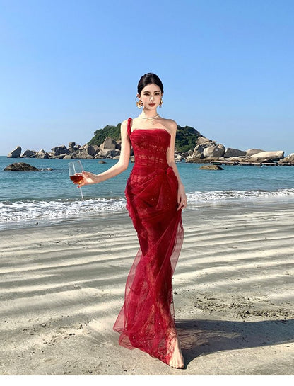 Sleeveless One Shoulder Sheer Ruffle Sequin Maxi Evening Gown