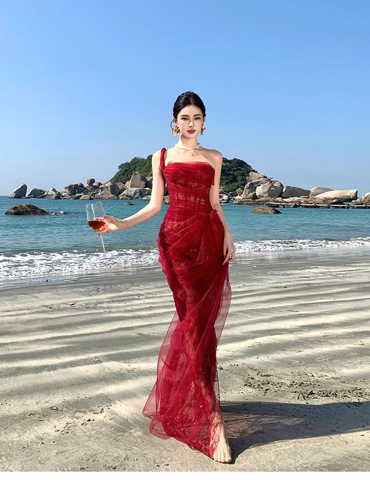 Sequin Maxi Sleeveless Gown Ruffle Shoulder One Sheer Evening