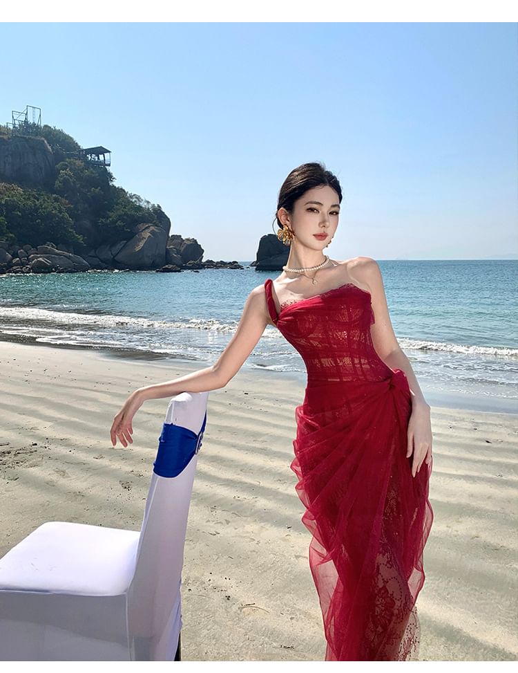 Sleeveless One Shoulder Sheer Ruffle Sequin Maxi Evening Gown