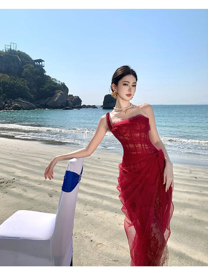 Sleeveless One Shoulder Sheer Ruffle Sequin Maxi Evening Gown
