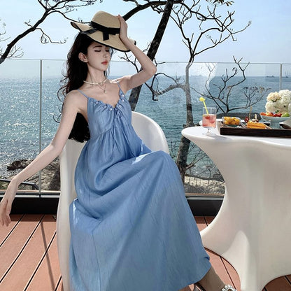 Spaghetti Strap V-Neck Plain Ruched Maxi A-Line Dress