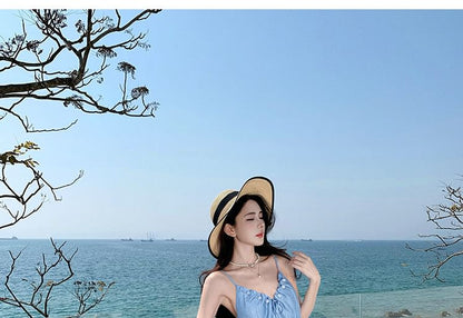 Spaghetti Strap V-Neck Plain Ruched Maxi A-Line Dress