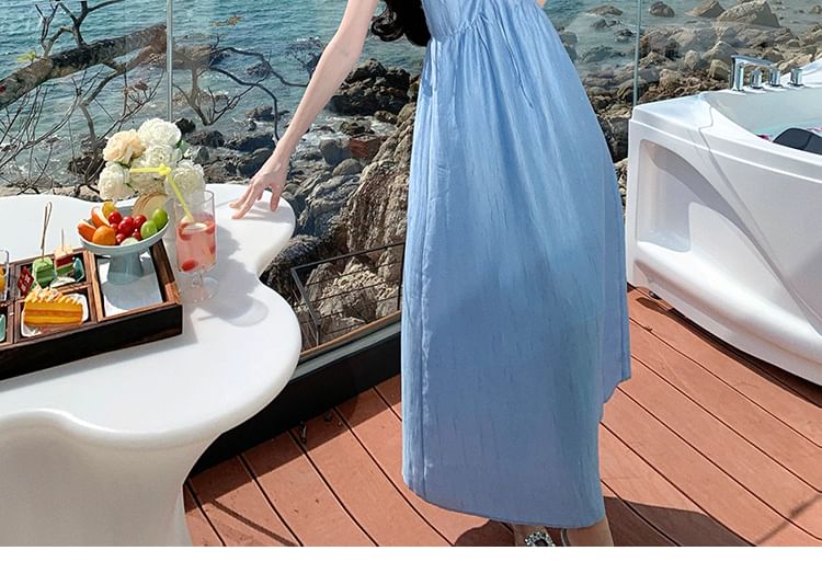 Spaghetti Strap V-Neck Plain Ruched Maxi A-Line Dress