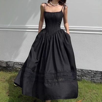 Lace Trim Fishbone Maxi A-Line Dress with Spaghetti Straps