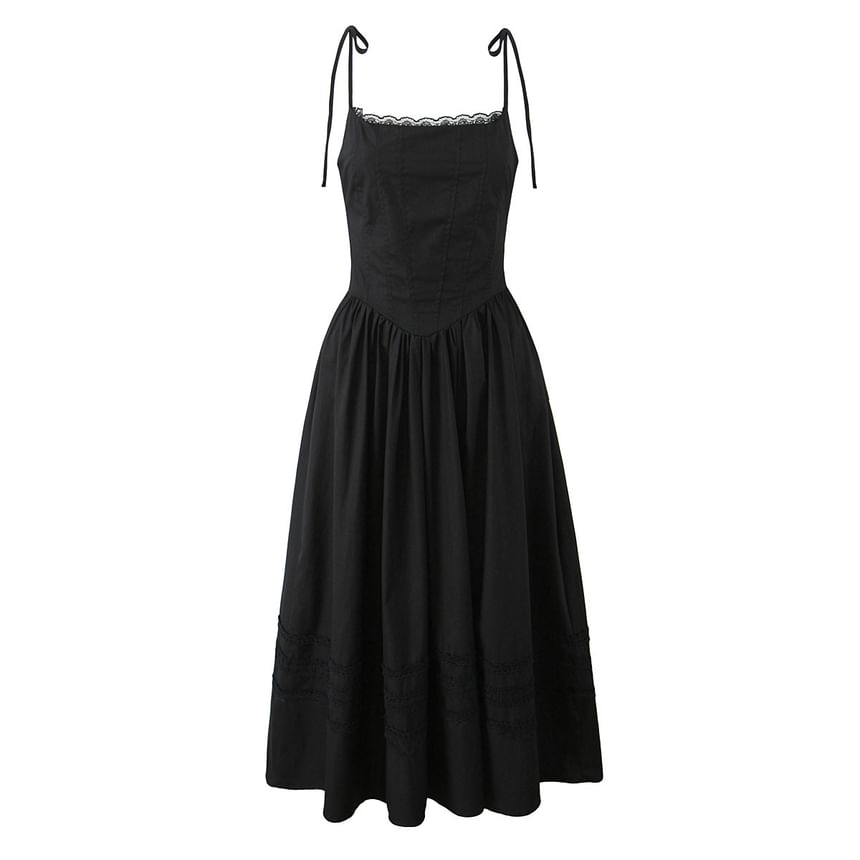 Lace Trim Fishbone Maxi A-Line Dress with Spaghetti Straps