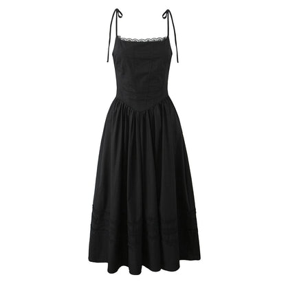 Lace Trim Fishbone Maxi A-Line Dress with Spaghetti Straps