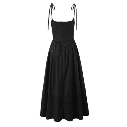Lace Trim Fishbone Maxi A-Line Dress with Spaghetti Straps