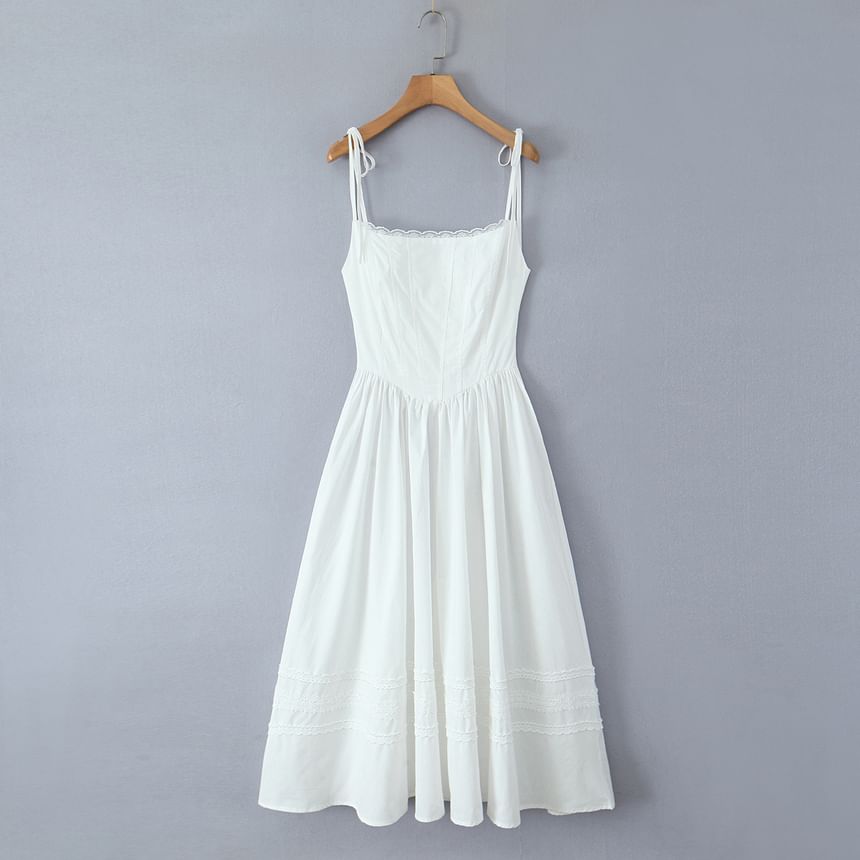 Lace Trim Fishbone Maxi A-Line Dress with Spaghetti Straps