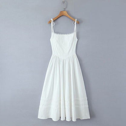 Lace Trim Fishbone Maxi A-Line Dress with Spaghetti Straps