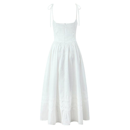 Lace Trim Fishbone Maxi A-Line Dress with Spaghetti Straps