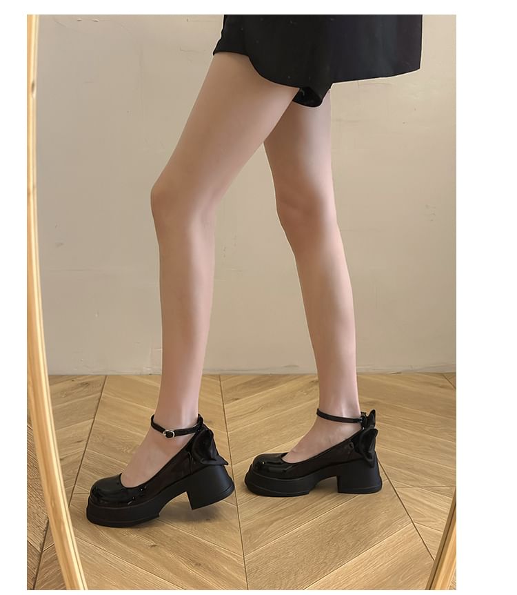 Platform Bow Ankle Strap Patent Leather Pumps