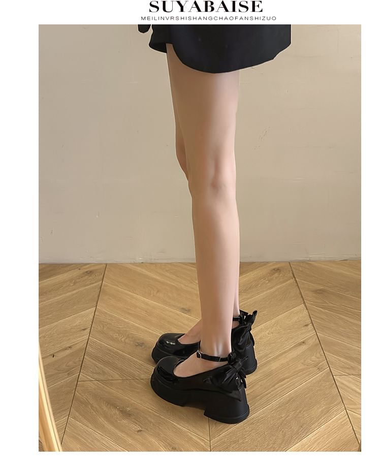 Platform Bow Ankle Strap Patent Leather Pumps