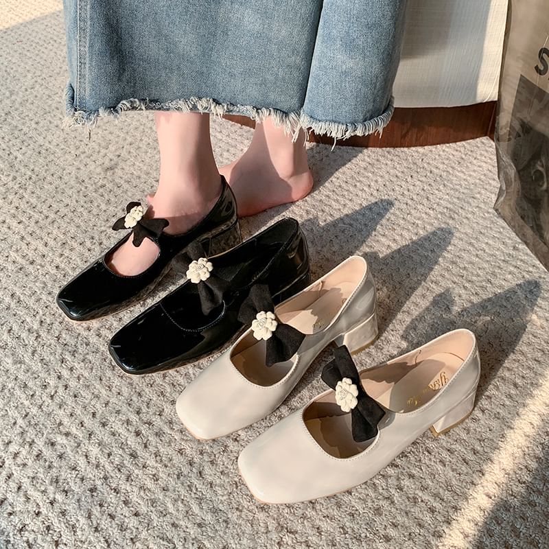 Square Toe Flower Bow Block Heel Mary Jane Pumps