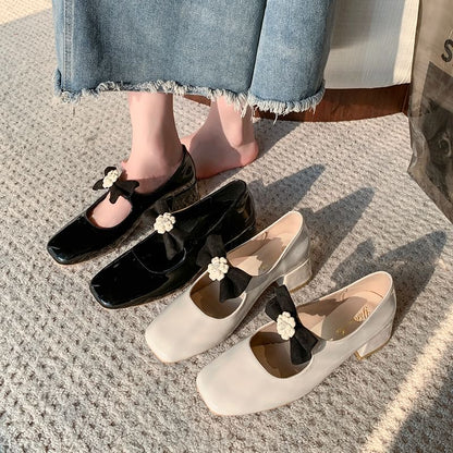 Square Toe Flower Bow Block Heel Mary Jane Pumps