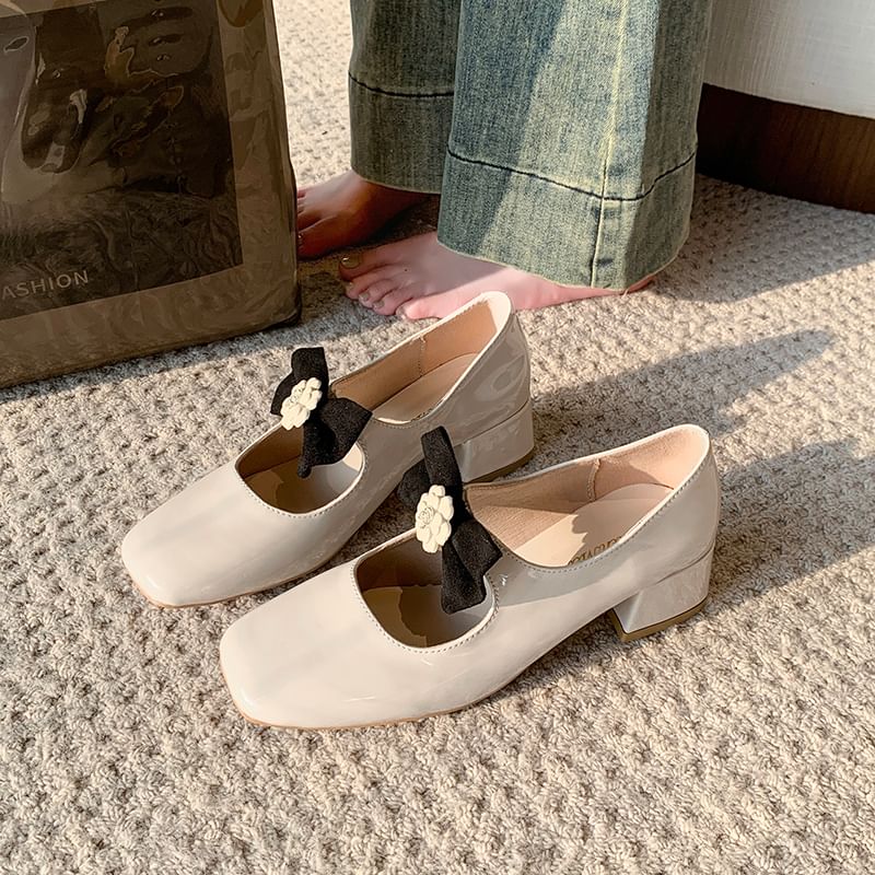 Square Toe Flower Bow Block Heel Mary Jane Pumps