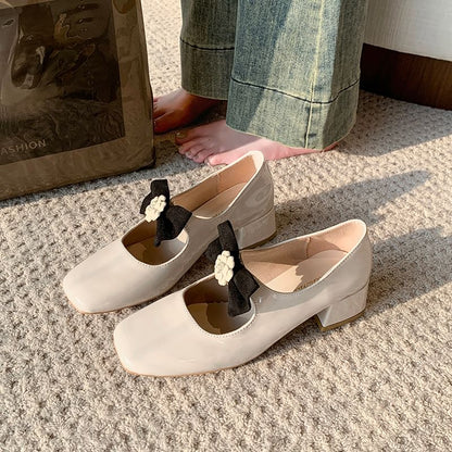 Square Toe Flower Bow Block Heel Mary Jane Pumps