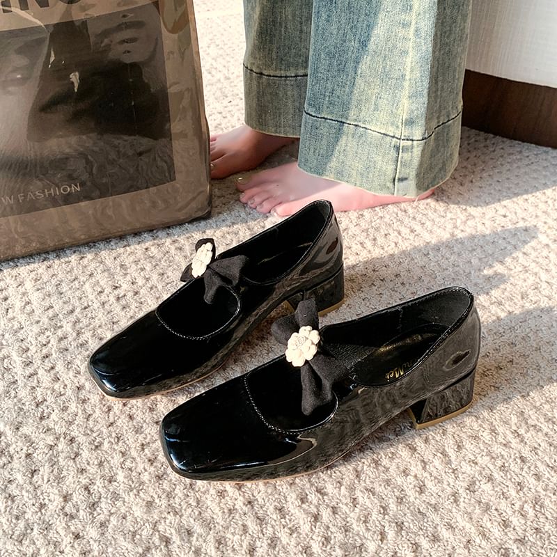 Square Toe Flower Bow Block Heel Mary Jane Pumps