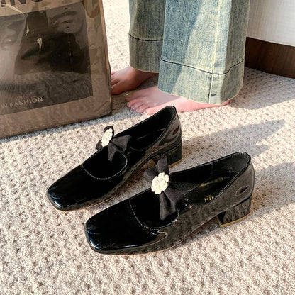 Square Toe Flower Bow Block Heel Mary Jane Pumps