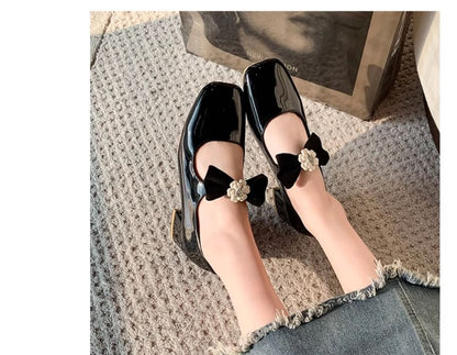 Square Toe Flower Bow Block Heel Mary Jane Pumps