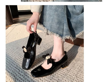Square Toe Flower Bow Block Heel Mary Jane Pumps