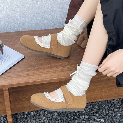 Lace Trim Faux Suede Mary Jane Flats