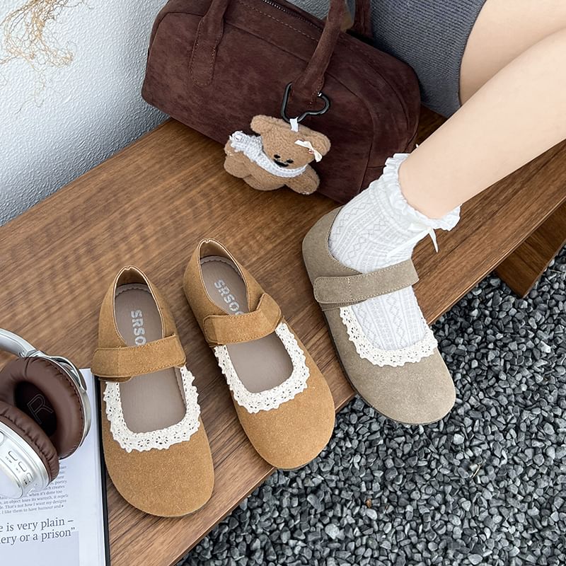 Lace Trim Faux Suede Mary Jane Flats