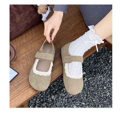 Lace Trim Faux Suede Mary Jane Flats