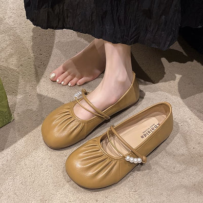 Ruched Faux Pearl Beaded Mary Jane Flats