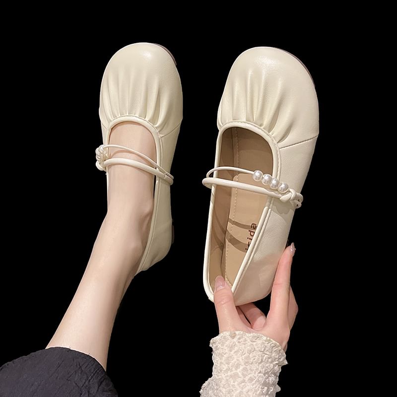 Ruched Faux Pearl Beaded Mary Jane Flats