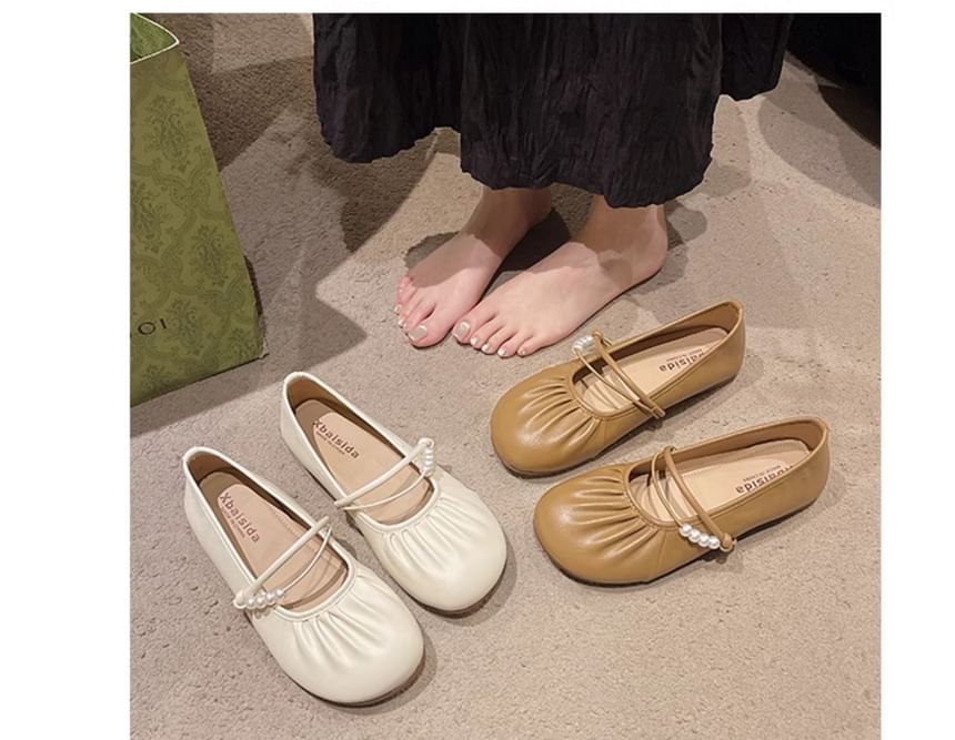 Ruched Faux Pearl Beaded Mary Jane Flats