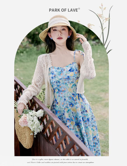 Spaghetti Strap Floral Print Midi A-Line Dress / Cardigan / Set