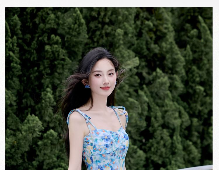 Spaghetti Strap Floral Print Midi A-Line Dress / Cardigan / Set