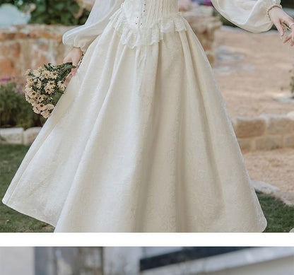 Long-Sleeve V-Neck Plain Midi A-Line Dress / Veil / Set