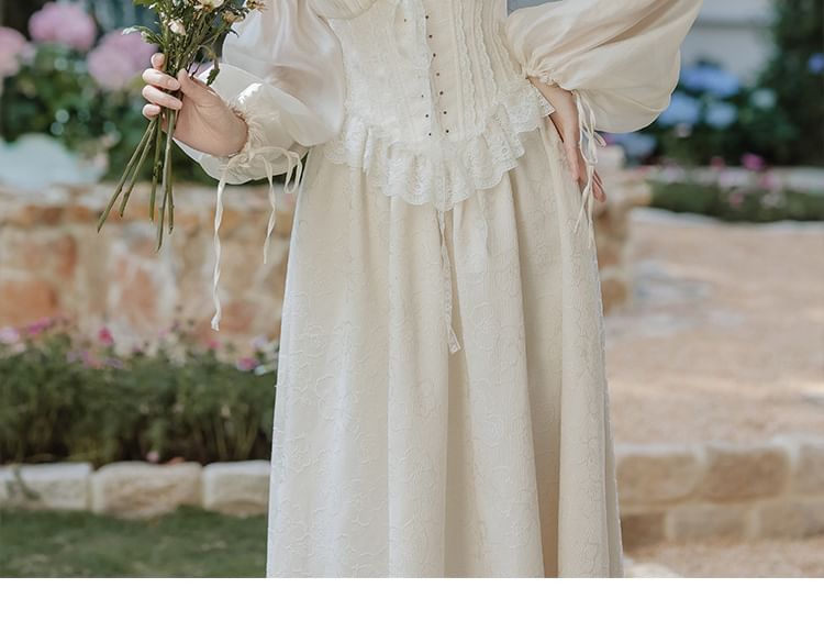Long-Sleeve V-Neck Plain Midi A-Line Dress / Veil / Set