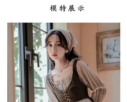 Sleeveless V-Neck Plain Crop Top / Long-Sleeve Plaid Maxi A-Line Dress / Set