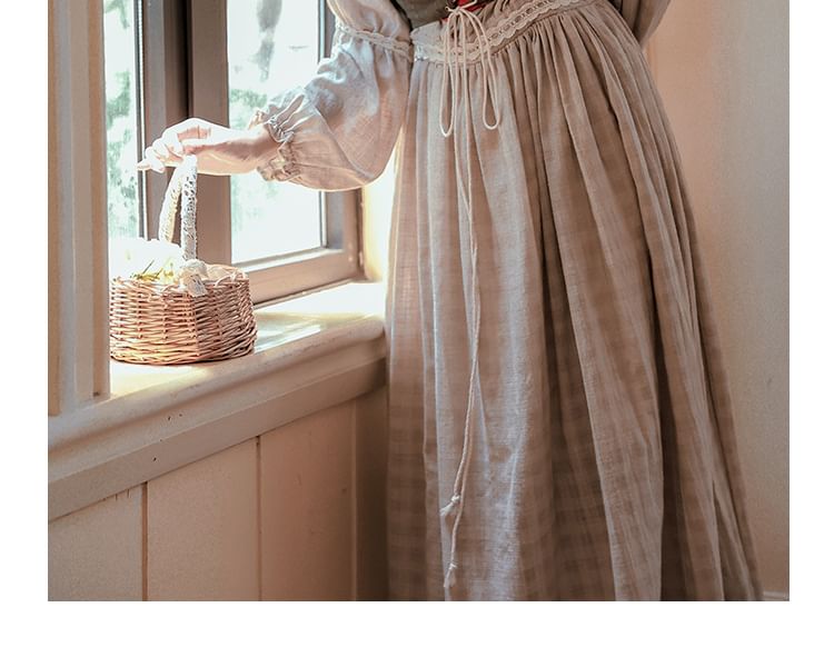 Sleeveless V-Neck Plain Crop Top / Long-Sleeve Plaid Maxi A-Line Dress / Set