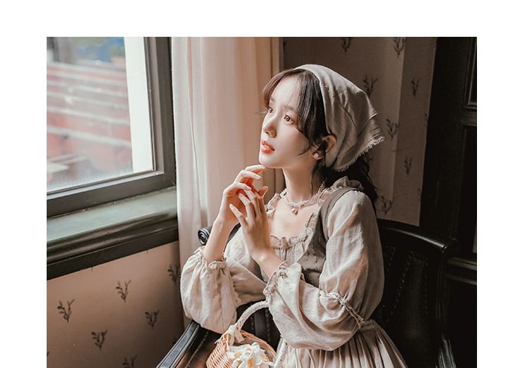 Sleeveless V-Neck Plain Crop Top / Long-Sleeve Plaid Maxi A-Line Dress / Set