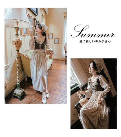 Sleeveless V-Neck Plain Crop Top / Long-Sleeve Plaid Maxi A-Line Dress / Set