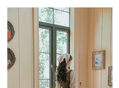 Sleeveless V-Neck Plain Crop Top / Long-Sleeve Plaid Maxi A-Line Dress / Set