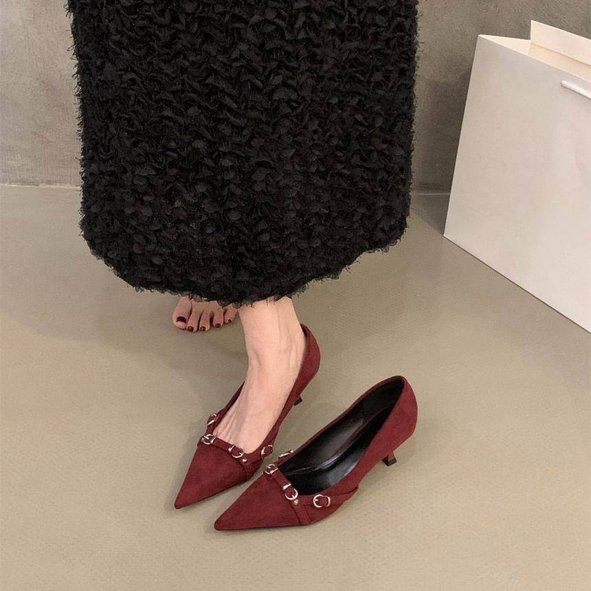Kitten Heel Pointed Toe Buckled Pumps