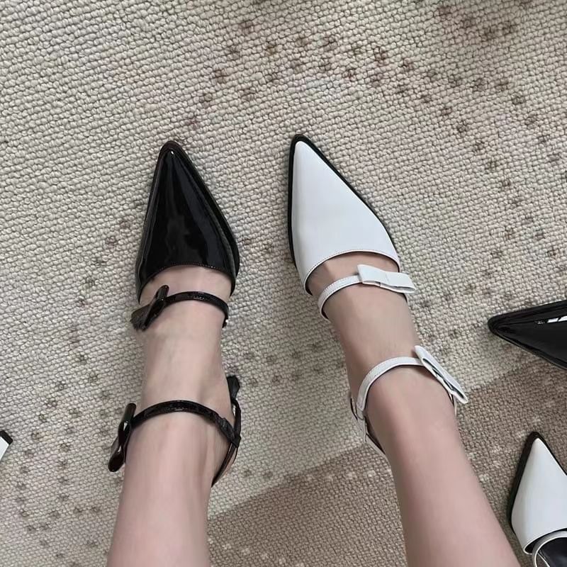 Stiletto Pointed Toe Ankle Strap Bow Accent Patent Leather Sandals