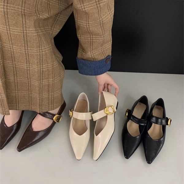Pointed Toe Plain Faux Leather Mary Jane Shoes