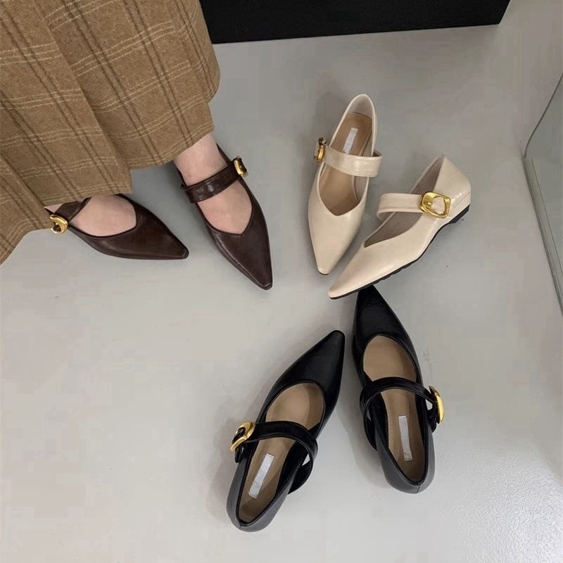Pointed Toe Plain Faux Leather Mary Jane Shoes
