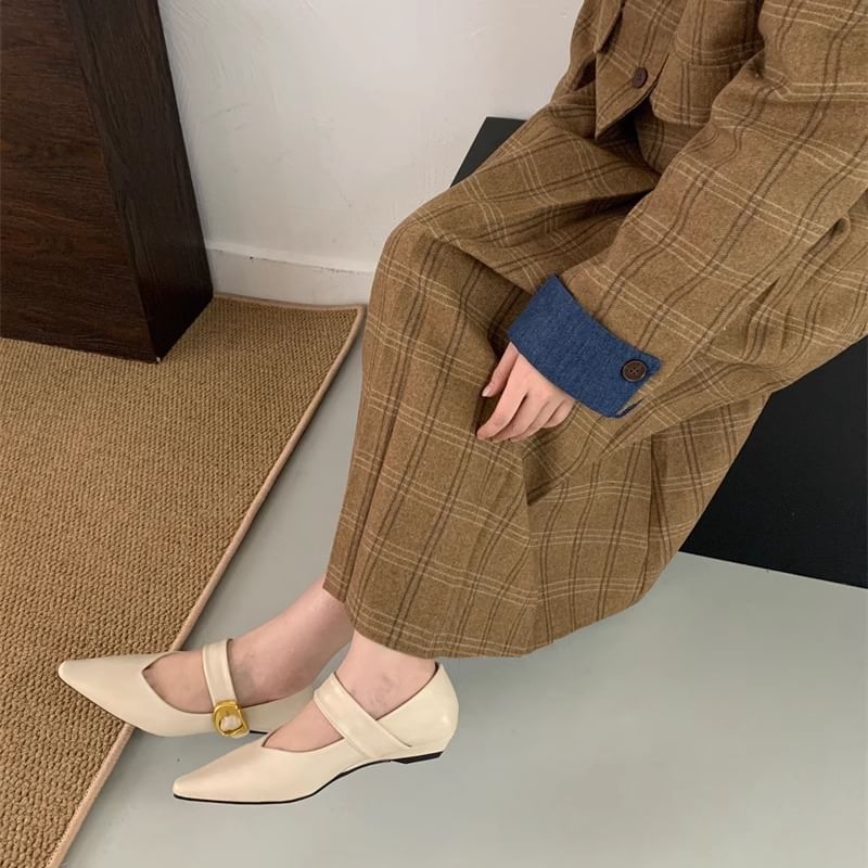 Pointed Toe Plain Faux Leather Mary Jane Shoes