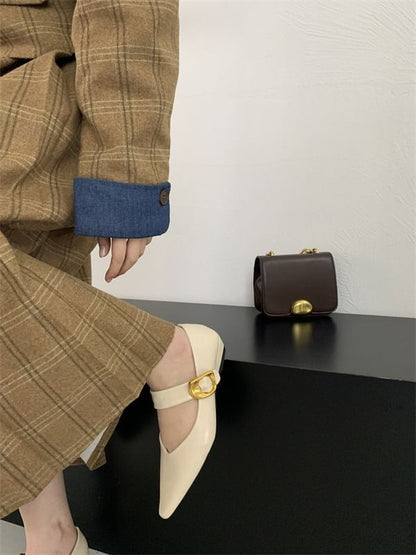 Pointed Toe Plain Faux Leather Mary Jane Shoes